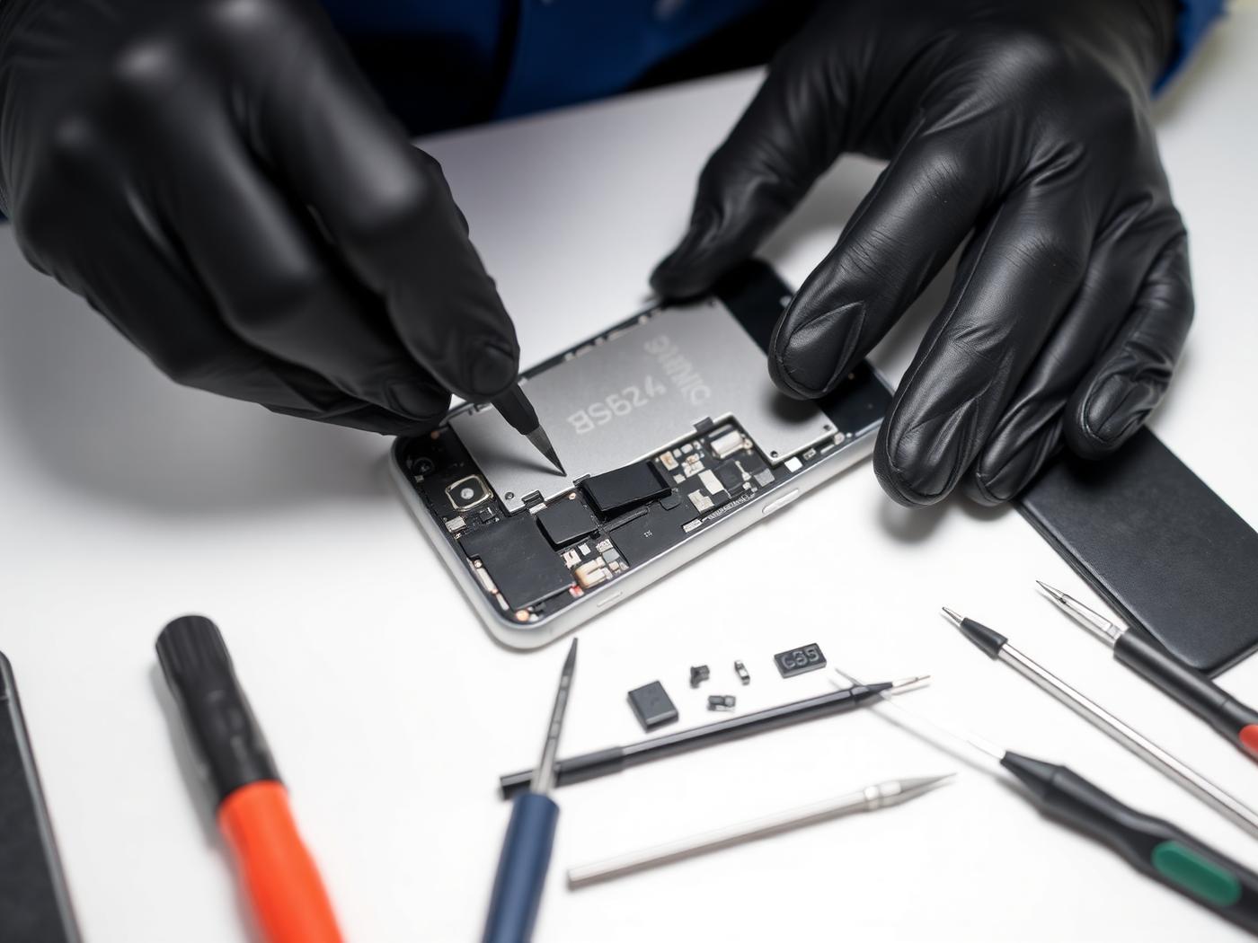 Técnico especializado realizando manutenção em smartphone moderno